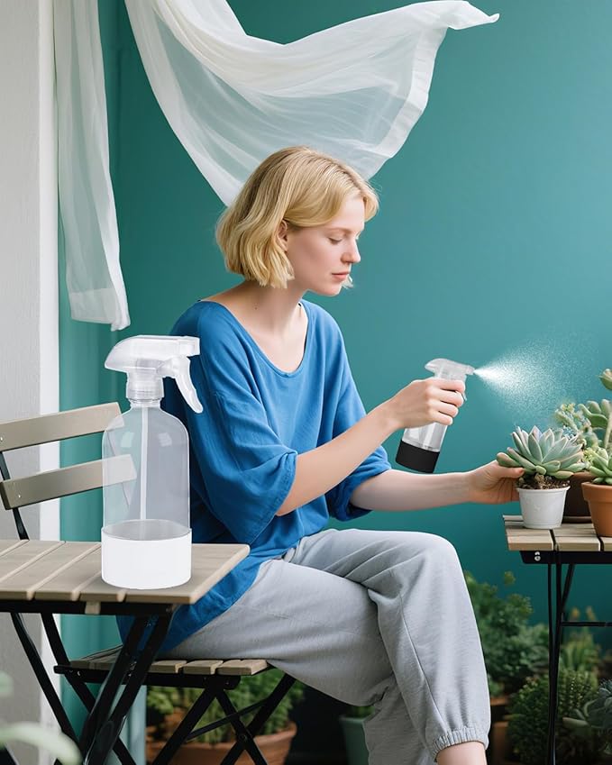 2 Pack 360° Glass Spray Bottles with Silicone Sleeve, 16 oz Empty Refillable Containers with Adjustable Spray Nozzles, Spray Bottles for Hair, Cleaning Solutions and Plants Black&White