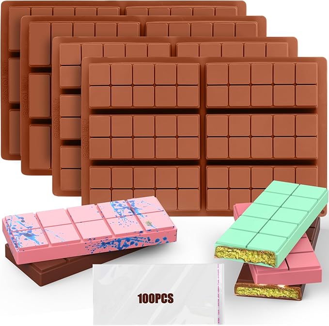 Palksky Chocolate Bar Mold Deep, 4PCS Silicone Chocolate Molds Thick for Dubai Chocolate Bar Pistachio, Non-Stick Thick Chocolate Bar Molds, Chocolate Making Supplies with 100PCS Bags