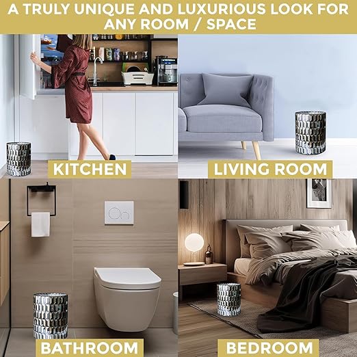 Escenzy Modern Bathroom Trash Can Mosaic Glass 6L | Decorative Small Garbage Can | 8" x 10" | Luxury Waste Basket for Restroom, Office, Bedroom & Kitchen | Shiny Black and Gold Bathroom Accessories