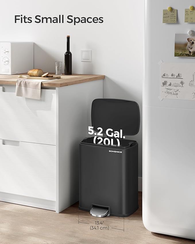 SONGMICS Trash Can, Garbage Can with Lid, 5.2-Gallon (20L) Step Trash Bin for Kitchen, Stainless Steel, Soft Close and Stays Open, Inner Bucket, Includes 15 Trash Bags, Black ULTB543B01