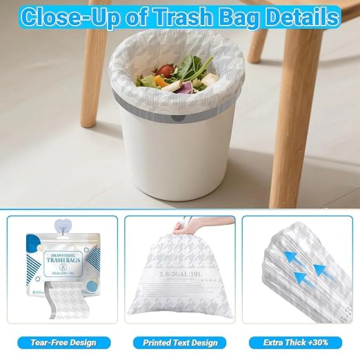 OKKEAI 3 Gallon Small Bathroom Trash Bags White Drawstring Garbage Bags – 90 Count Tear-Free, Heavy Duty Printed Liners, Leak-Proof White Trash Bag for Kitchen, Office, Multipurpose Use
