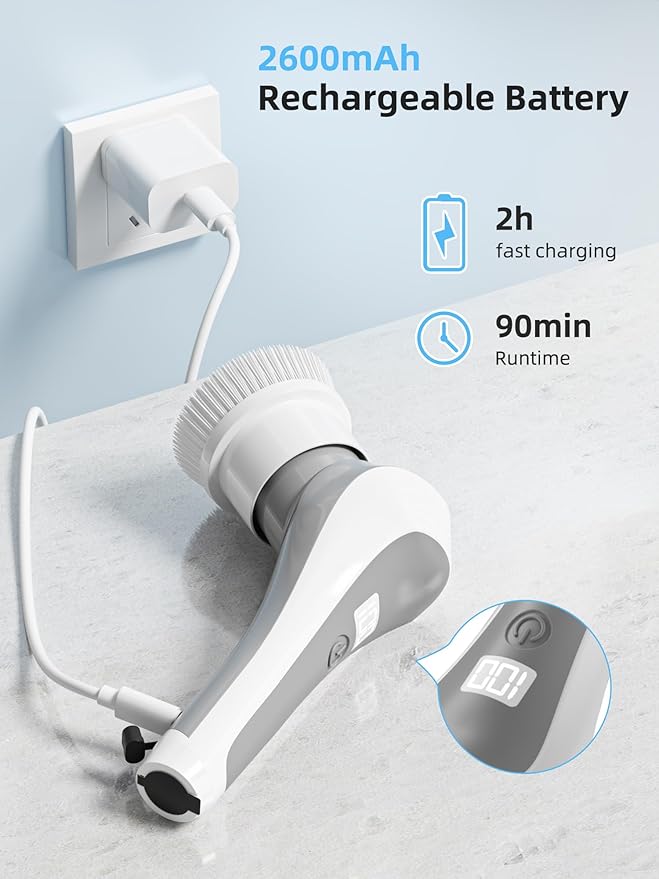 Electric Spin Scrubber,Cordless Shower Scrubber with Power Display Screen,IP68 Waterproof Bath Cleaning Brush,Adjustable Extension Handle & 2 Speeds,Electric Cleaning Brush for Bathroom,Kitchen,Tub