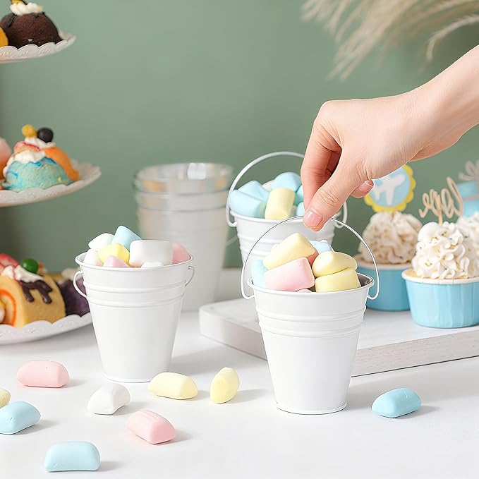 Sadnyy 12 Pcs 3.5in Small Metal Buckets with Handle, Mini Metal Pail Tin Galvanized Pail Container for Trick or Treat Flower Plant Craft Halloween Party Favors Garden Home Decoration (White)