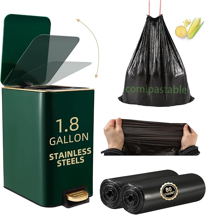 Small Bathroom Trash Can with Lid Soft Close, 1.8 Gallon Stainless Steel Garbage Can with Removable Inner Bucket,80Count Trash Bags, Slim Step Pedal Trash Bins