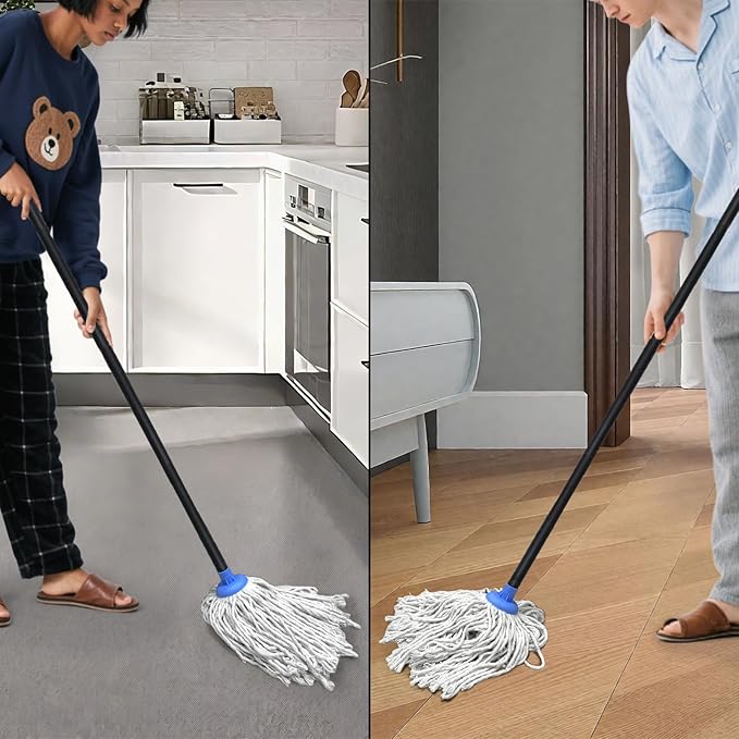 Indoor Mop for Floor Cleaning - Cotton Mops for Floor Cleaning, Regular Mop for Floors, 52-inch Simple Mops for Cleaning Living Rooms, Bathrooms, and Kitchens. (White&Blue)