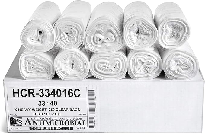 Aluf Plastics High Density Trash Bags, 33 Gallon, 250 Count, 16 Micron (eq), 33" x 40", Clear, for Bathroom, Office, Industrial, Commercial, Janitorial, Municipal, Recycling