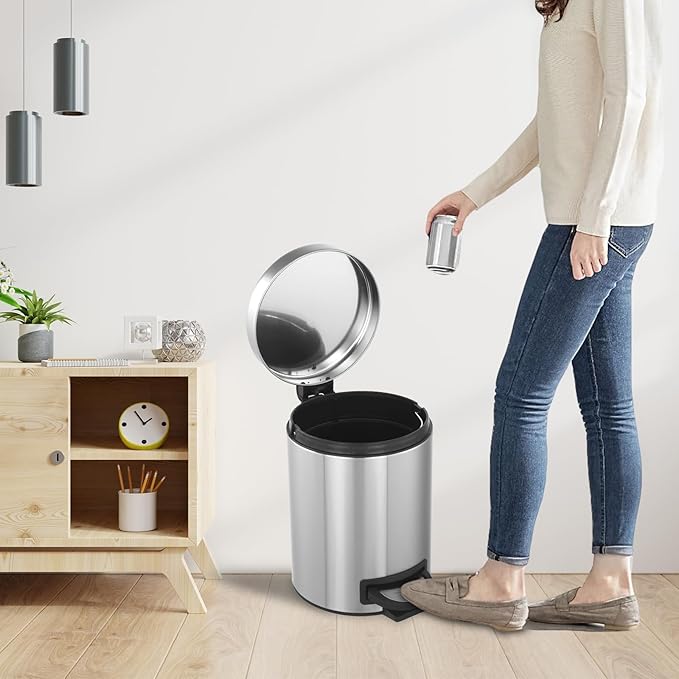 Kitchen Trash Can with Lid, 2 Pack 5 Liter/1.3 Gallon Stainless Steel Trash Can, Oval Step Garbage Can, Soft Close Trash Bin for Bathroom Home Office