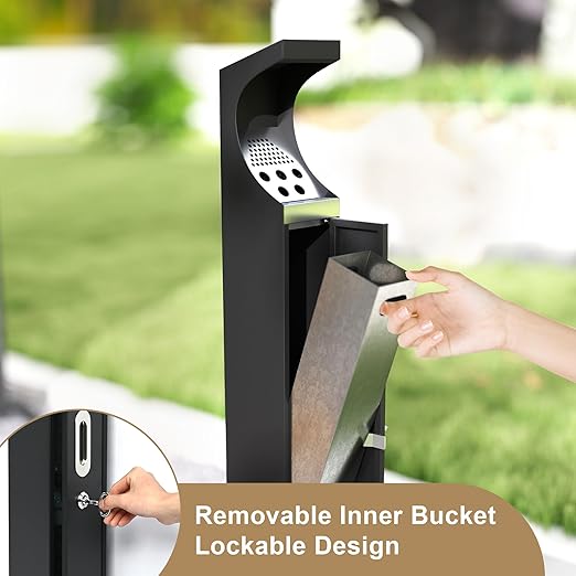 Commercial Trash Receptacle with Lock, Steel Trash Can with Removable Inner Bucket, Standing Garbage Bin for Hotel, Park, Restaurant, Office, Street