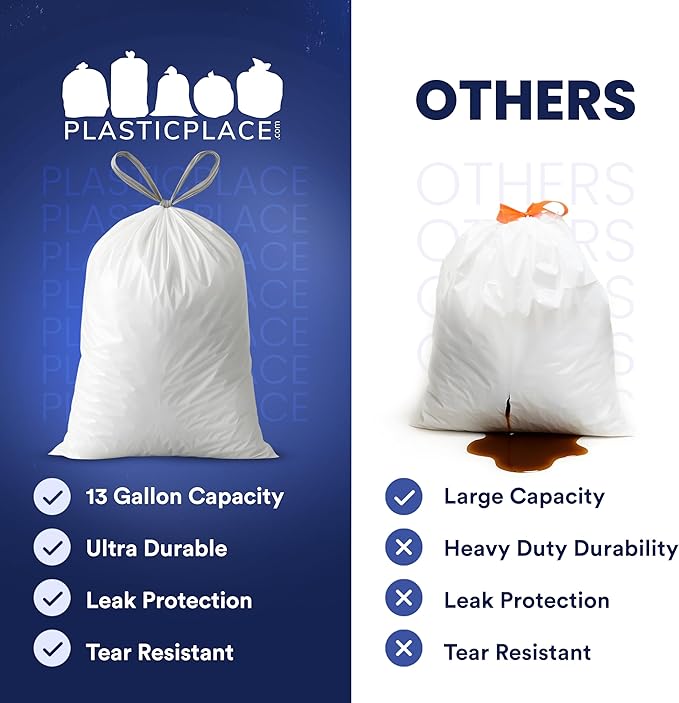 Plasticplace 13 Gallon Trash Bags â”‚ 1.2 Mil â”‚ White Drawstring Garbage Can Liners â”‚ 24" x 31", 200 Count (Pack of 1)
