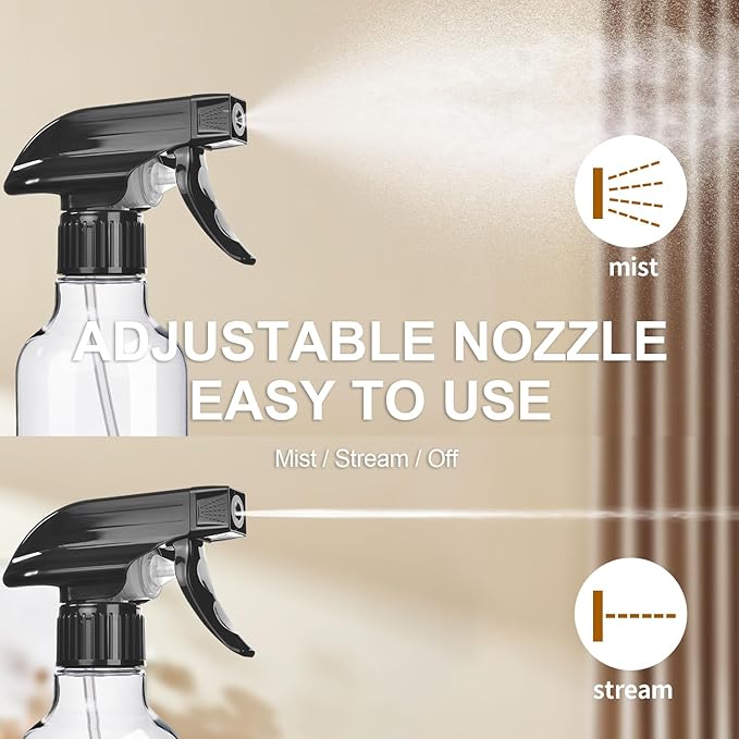 Spray Bottles 2-Pack, 10 Oz, Mist & Stream, Heavy Duty Spraying Empty Water Sprayer Bottle, BPA Free Plastic Refillable Containers for Cleaning Solutions, Plants, Hair, Essential Oils (Clear & Amber)