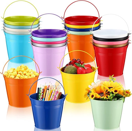 Bokon 24 Pack Colored Metal Small Bucket with Handle 6 x 4.3 x 5 Inch Galvanized Bucket Pail Bulk for Ice Tin Can Classroom Crafts Party Favor Decoration Table Centerpieces Christmas Wedding Birthday