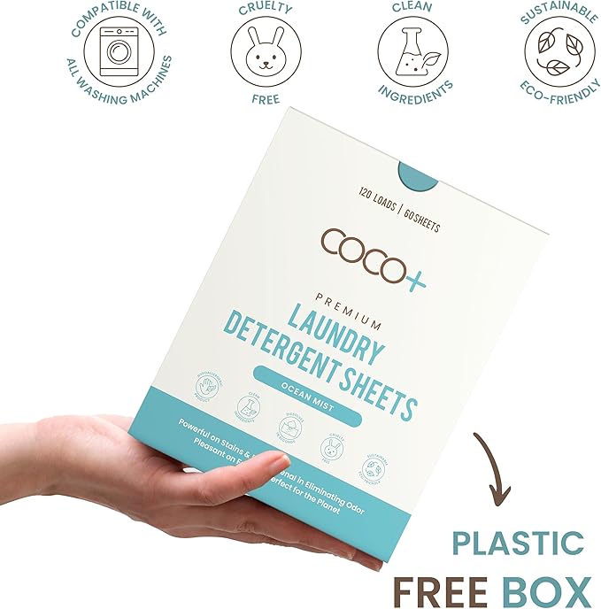COCO+ Laundry Detergent Sheets - Nano-Concentrated with Enzymes, Hypoallergenic & Plant-Based - Deep Clean, Safe for Sensitive Skin - (120 Loads 60 Sheets) - Ocean Mist