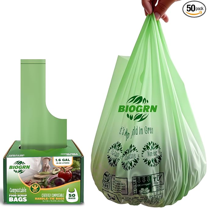 Compostable Trash Bags 1.2-1.6 Gallon Handle Tie 50 Count 0.6 Mil 6.06 Liter Small Compost Bags for Countertop Bin Biodegradable Bags Green for Kitchen ASTM D6400 & BPI Certified, OK Compost Home