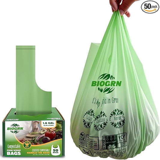 Compostable Trash Bags 1.2-1.6 Gallon Handle Tie 50 Count 0.6 Mil 6.06 Liter Small Compost Bags for Countertop Bin Biodegradable Bags Green for Kitchen ASTM D6400 & BPI Certified, OK Compost Home