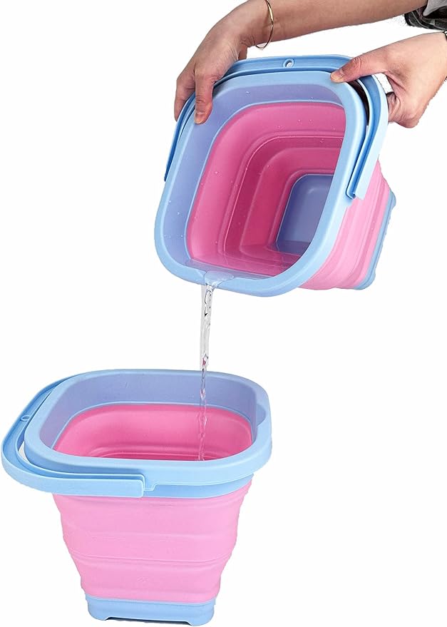SAMMART Collapsible Rectangular Cleaning Bucket 5L (1.3 Gallon)- Foldable Camping Beach Sand Water Pot Pail- Portable Space Saving Tub for Household, Outdoor Car Washing (Cool Blue/Maglia Rosa)