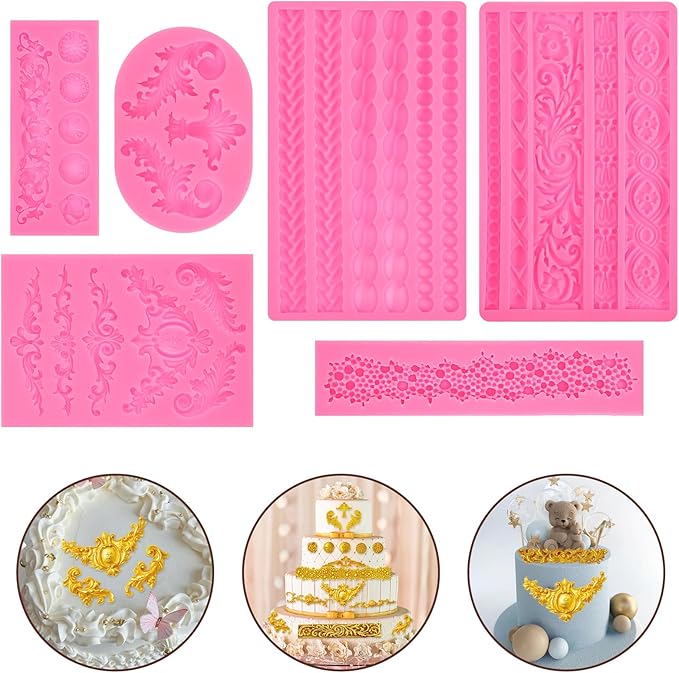 6Pcs Baroque Embossed Cake Decorating Mold, Silicone Fondant Molds Cake Border Fondant Molds for Chocolate Candy Mousse Butter Biscuit Marzipan Sugar Craft Cakes