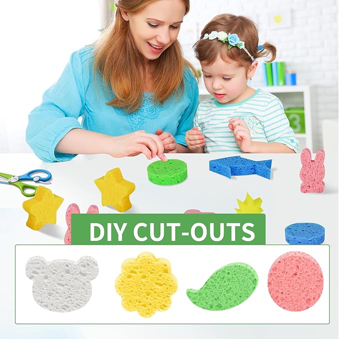 Non-Scratch Kitchen Sponges 6 PCS | Compressed Cellulose Sponges | Natural Biodegradable Sponge for Kitchen Dishes Bathroom Cars | DIY Cut-Outs for Kids