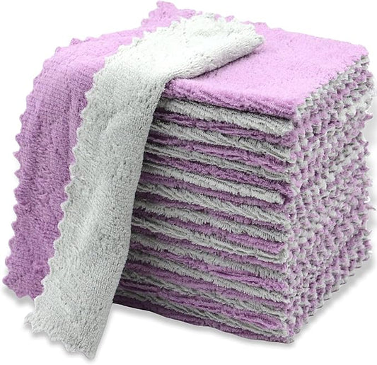 24PCS Kitchen Dishcloth, Microfiber Washcloth, Soft Cleaning Cloths, Coral Fleece/Lint Free/Absorbent/Quick Dry/Nonstick Oil Rags, Reusable Washable Tea Towel, 6''x10''(Purple)
