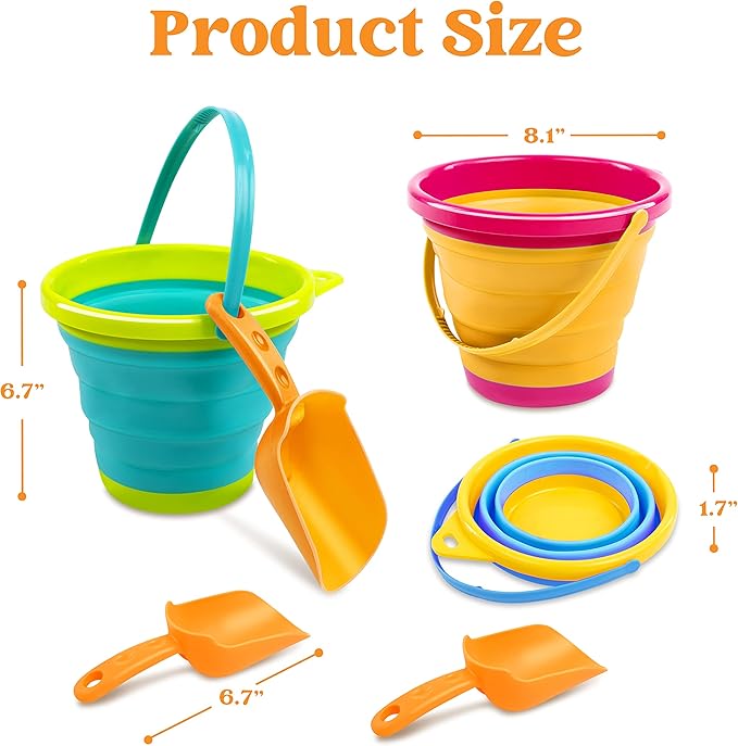 JOYIN 3 Packs Foldable Pail Bucket with Shovels & Mesh Bag, Collapsible Buckets Multi Purpose for Beach, Camping Gear, Beach Party, Fishing, and Fun Summer Activities (Yellow/Blue/Green)
