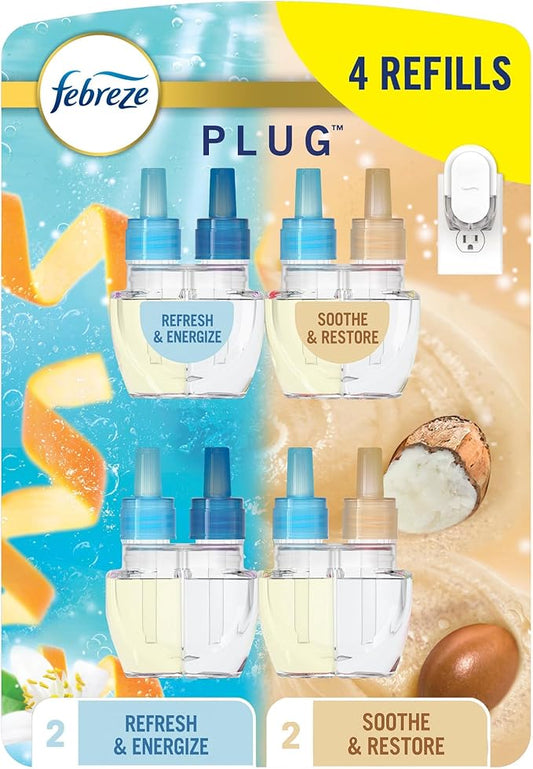 Febreze Odor-Fighting Fade Defy PLUG Air Freshener, Refresh and Energize, Soothe and Restore, Pack of 4 (2 of Each), .79 fl. oz. Oil Refill