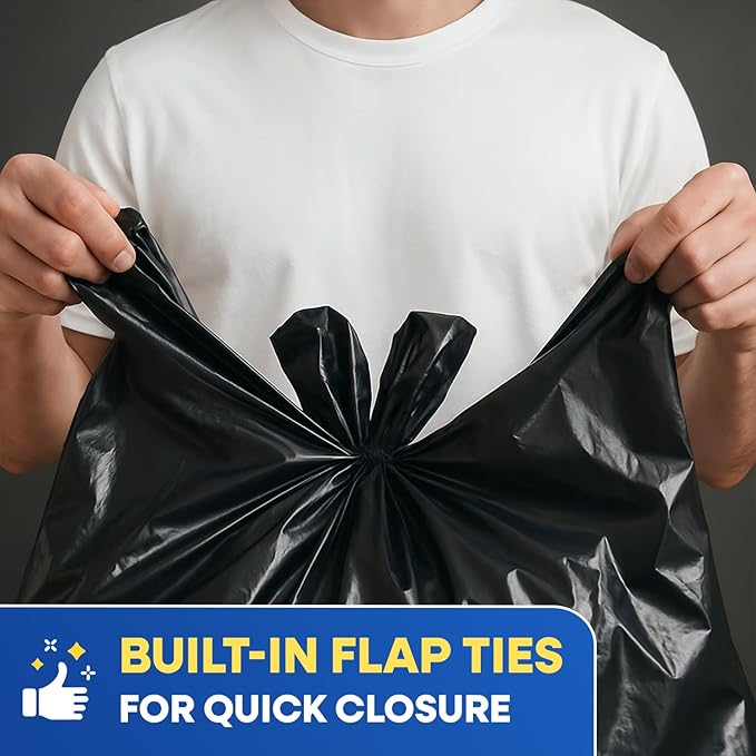 64-65 Gallon Trash Bags Heavy Duty with Flap Ties Extra Large Garbage Bags 2 Mil Outdoor Trash Bags 43 x 49 Trash Can Liners, Black Pack of 120, 6 Boxes of 20 Bags