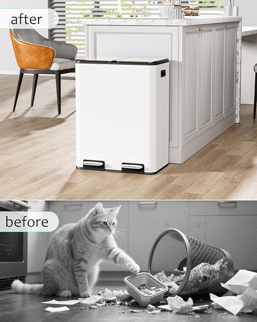 16 Gal (2 x 30 L) Dual Trash Can, Stainless Steel Kitchen Garbage Bin, Recycle Dustbin with Odor Control Box, Soft-Close Lid, Inner Buckets, Side Handle, Step Pedal, for Home Office