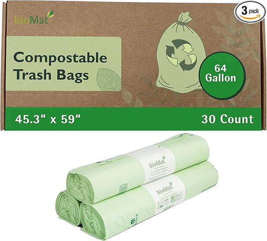 bioMat 64 Gallon Compostable Trash Bags Liners, 30 Count, BPI ASTM D6400 and CMA Certified, Compost Liner Bags for Large Trash Can