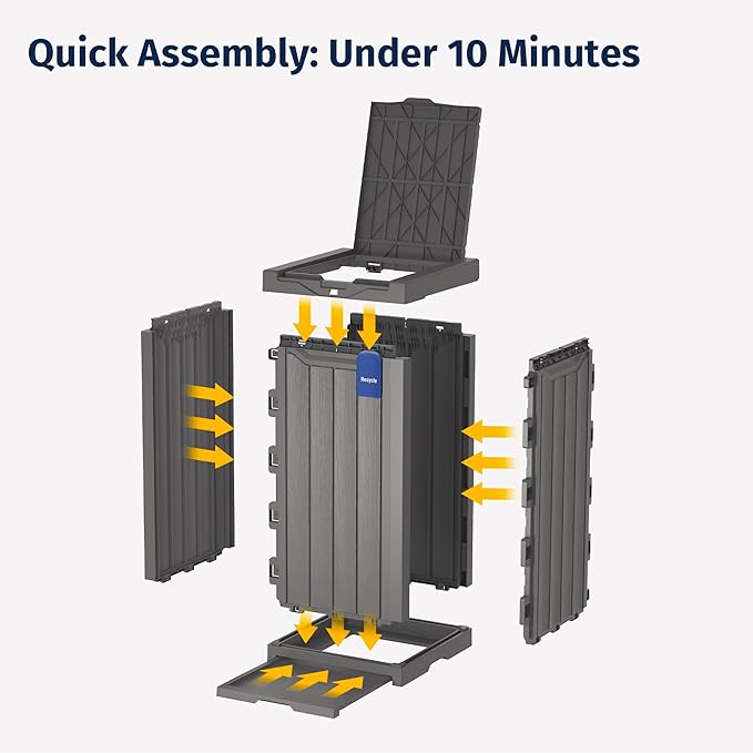 EAST OAK 31 Gallon Outdoor Trash Can | Waterproof Resin Garbage Can with Recycle and Garbage Labels | Secure Bag Lip Lock and Drip Tray | Outside Trash Bin for Patio | Kitchen, Backyard or Deck | Gray