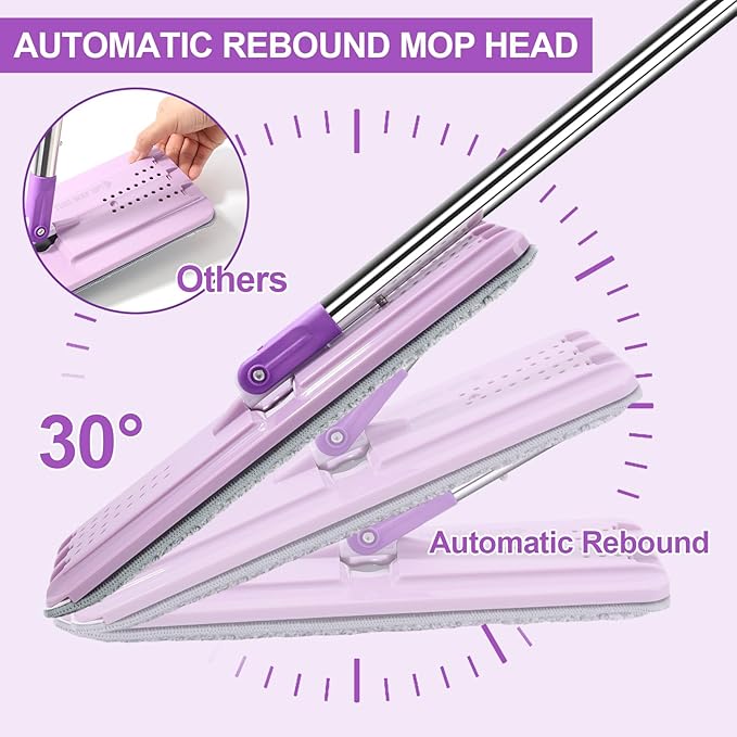 Mop and Bucket with Wringer Set, Hands Free Flat Floor Mop and Bucket, 3 Washable Microfiber Pads Included, Wet and Dry Use, Home Floor Cleaning System for All Floor Types and Windows, Purple