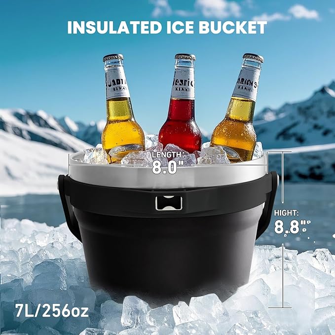 COKTIK 7L Insulated Ice Bucket with Lid，Double Wall Vacuum Stainless Steel Beverage Bucket Keeps Frozen Longer，Holds 6 Longnecks or 3 Bottles of Wine，for Cocktail, Champagne, Large Parties(Black)