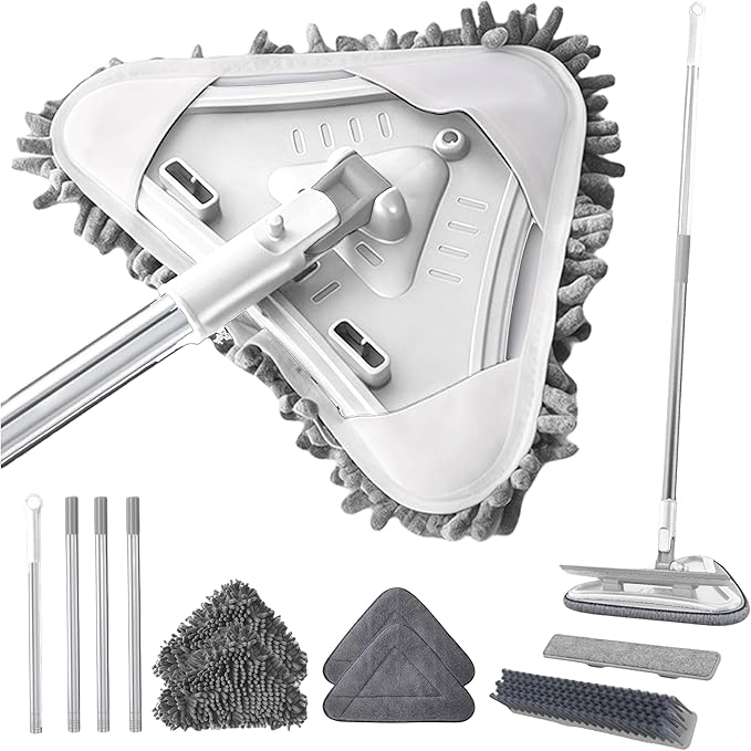 7-in-1 Triangle Mop Set with 7 Replaceable Heads and Adjustable Long Handle for Walls, Floors, Windows, Baseboards (White)
