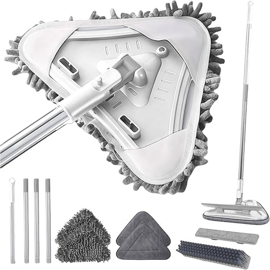 7-in-1 Triangle Mop Set with 7 Replaceable Heads and Adjustable Long Handle for Walls, Floors, Windows, Baseboards (White)