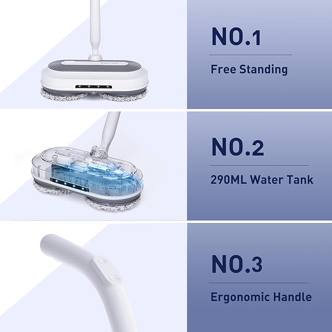 Cordless Electric Spin Mop, Electric Floor Cleaner with Water Sprayer & LED Headlight, 50mins Working Time, 290ml Water Tank, Adjustable Tube, Self-Propelled Multi-Surfaces Floor Mop for Home Cleaning