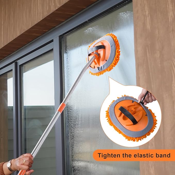 Wall Cleaner Mop with 56” Long Handle,15°Labor-Saving Elbow,Multi-Surface Duster for Painted Walls,Floor,Baseboard & Windows, Includes 2 Replaceable Microfiber Chenille Pads (Orange)