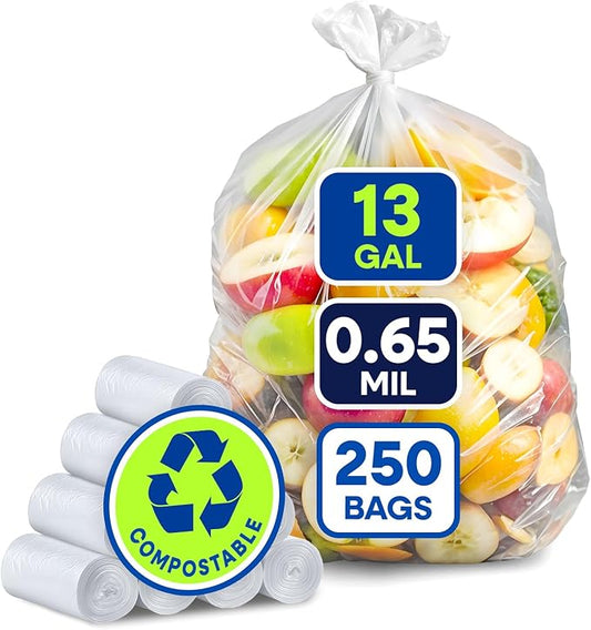 13-Gallon Compostable Trash Bags Biodegradable Trash Bags, 22" x 29" 0.65 Mil Can Liners 10 Rolls of 25/Roll, 250/Case