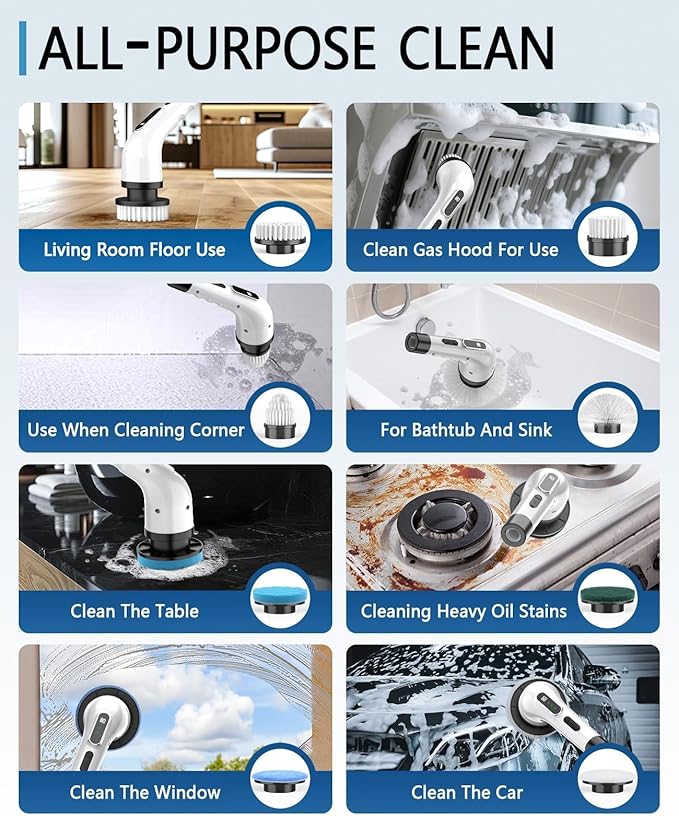 Electric Spin Scrubber Cordless - 3 Speed Rechargeable, Adjustable & Detachable Handle, 9 in 1 Brush Heads Power Scrub Brushes for Cleaning Supplies Shower Bathroom Tub Kitchen Tile Floor