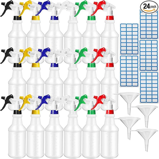 Zubebe 24 Pack 32 oz Plastic Spray Bottle Bulk Empty Leakproof Heavy Duty Spray Bottles for Cleaning Supplies Mist Bottles with Label and Adjustable Nozzle for Plant(Multicolor A,Clear Scale)