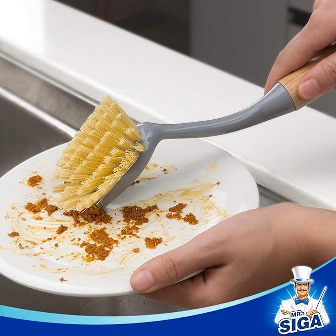 MR.SIGA Dish Brush with Long Bamboo Handle Built-in Scraper, Scrub Brush for Pans, Pots, Kitchen Sink Cleaning, Pack of 2