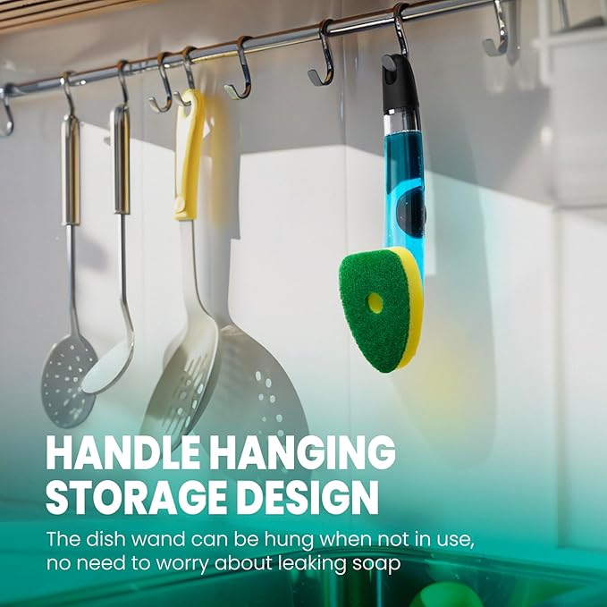 HELIME Dishwand Handle with 5 Heavy Duty Sponge Refills,Dish Wand Refill with Hole,Non-Scratch Dishwashing Brush with Soap Control Dispenser, Leak-Proof Kitchen Scrubber for Pans,Dishes,Scrub Clean