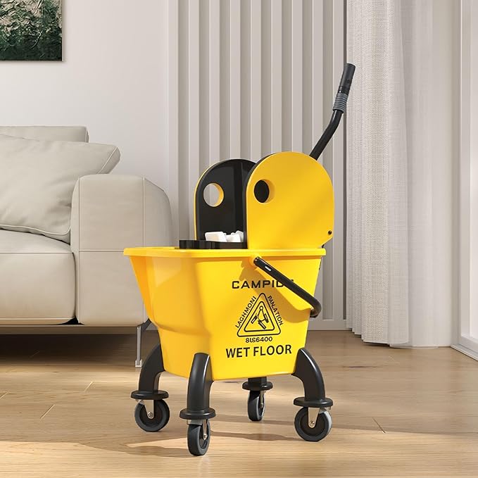 HOMCOM Mop Bucket with Wringer on Wheels for Floor Cleaning, 27.5 Quart Down Press Wringer with Handle and Mop, Yellow