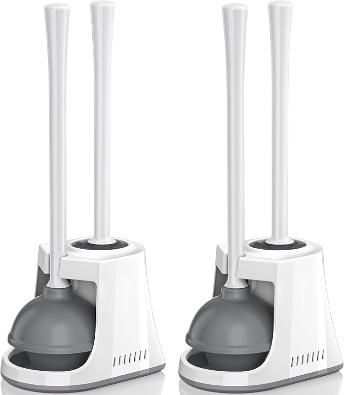 Toilet Plunger and Brush, Bowl Brush and Heavy Duty Toilet Plunger Set with Ventilated Holder, 2-in-1 Toilet Brush and Plunger Combo for Bathroom Cleaning (2, White)