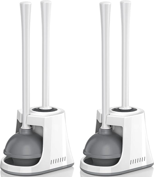 Toilet Plunger and Brush, Bowl Brush and Heavy Duty Toilet Plunger Set with Ventilated Holder, 2-in-1 Toilet Brush and Plunger Combo for Bathroom Cleaning (2, White)