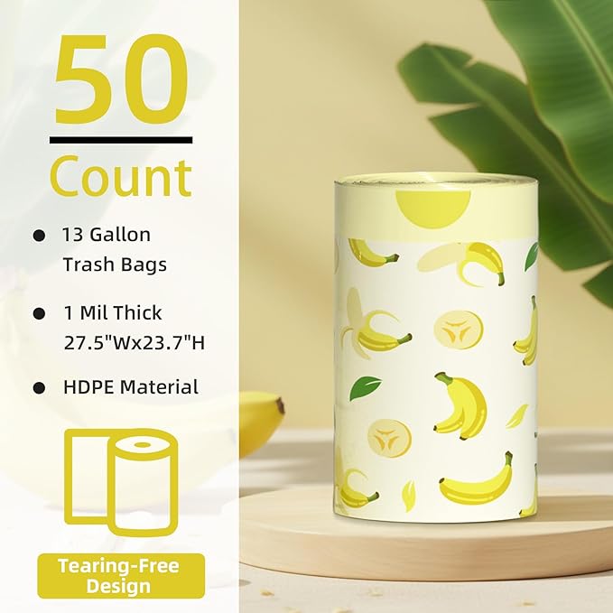 13 Gallon Trash Bags Drawstring, 50 Count Tall Kitchen Trash Bags, Sturdy Large Trash Bags, Banana Printed Garbage Bags 13 Gallon Tall Kitchen, Tear Resistant Kitchen Garbage Bags for Kitchen
