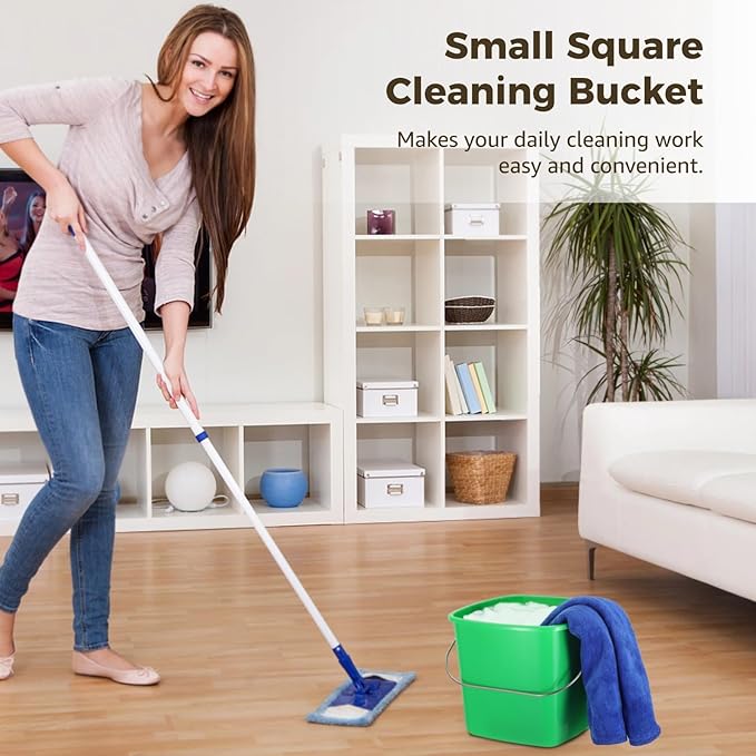 yeesport 6 Pcs Cleaning Buckets, Square Plastic Buckets with Metal Handles, Red & Green Square Caddies, Small Cleaning Pails for Home, Office, and Car Cleaning, 3 Towels Included