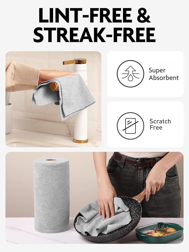 Fantasticlean Microfiber Cleaning Cloth Roll -150 Pack, Tear Away Microfiber Towels, 12" x 12", Reusable, Washable, Ultra Absorbent Dishcloth for Home Supplies, Car, Pet, Kitchen (Pink & Grey)