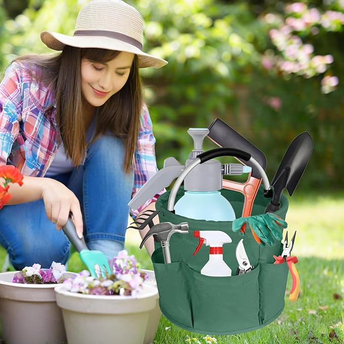 17L Cleaning Caddy with Handle, Garden Tool Organizers Bag, Cleaning Bucket Organiser, Foldable Gardening Bags Multi Pocket, Green
