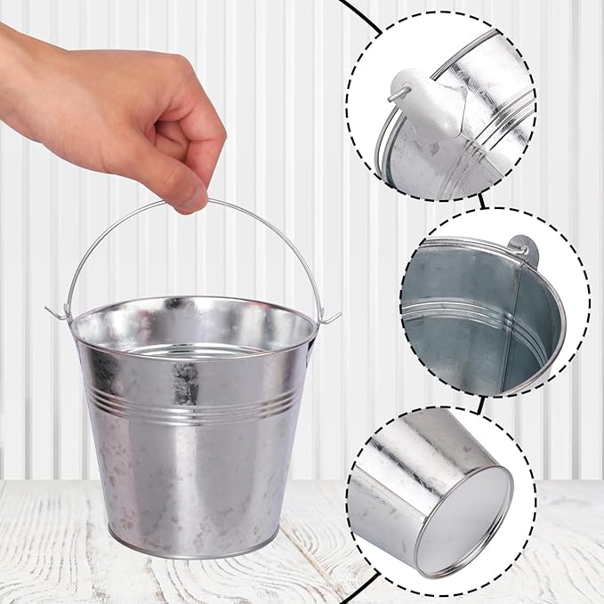 20 Pack 4.5 x 5.1 x 2.6 inch Metal Mini Buckets, Elegant Galvanized with Handles, Tin, Small, Mini Metal Pail for Party Favors, Crafts, Garden & Beach