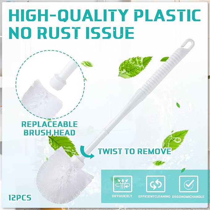 Roshtia 12 Sets Toilet Brush and Holder Set for Bathroom Toilet Bowl Brush Scrubber with Caddy for Deep Cleaning, 14.57 Height (White)