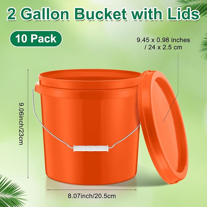 Tioncy 10 Pcs 2 Gallon Plastic Bucket with Lid Heavy Duty 2 Gallon Bucket Pail with Lid Handle for Storage Container Home Household Cleaning (Orange)