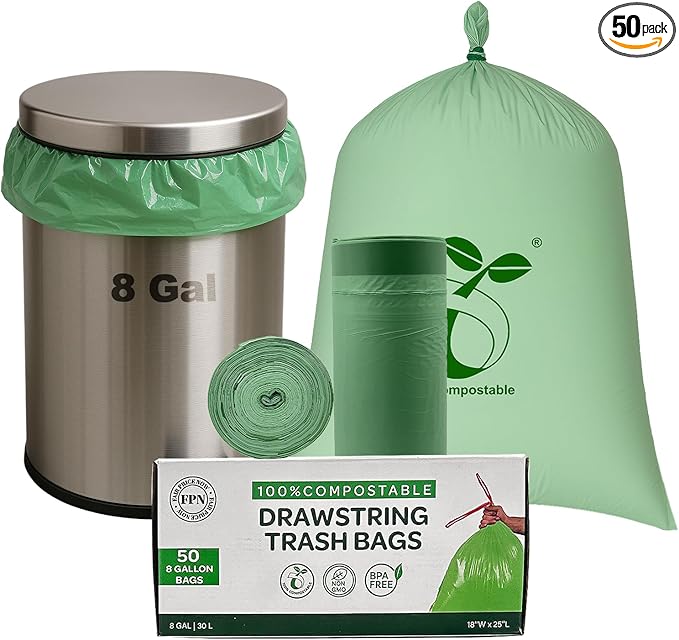 Trash Bags Compostable – 8 gallon 50 Pack, Handle-Tie, 0.67 Mil, Eco-Friendly, Tear-Resistant, Odor-Free, Durable for Small Kitchen & Office Use Durable & Convenient